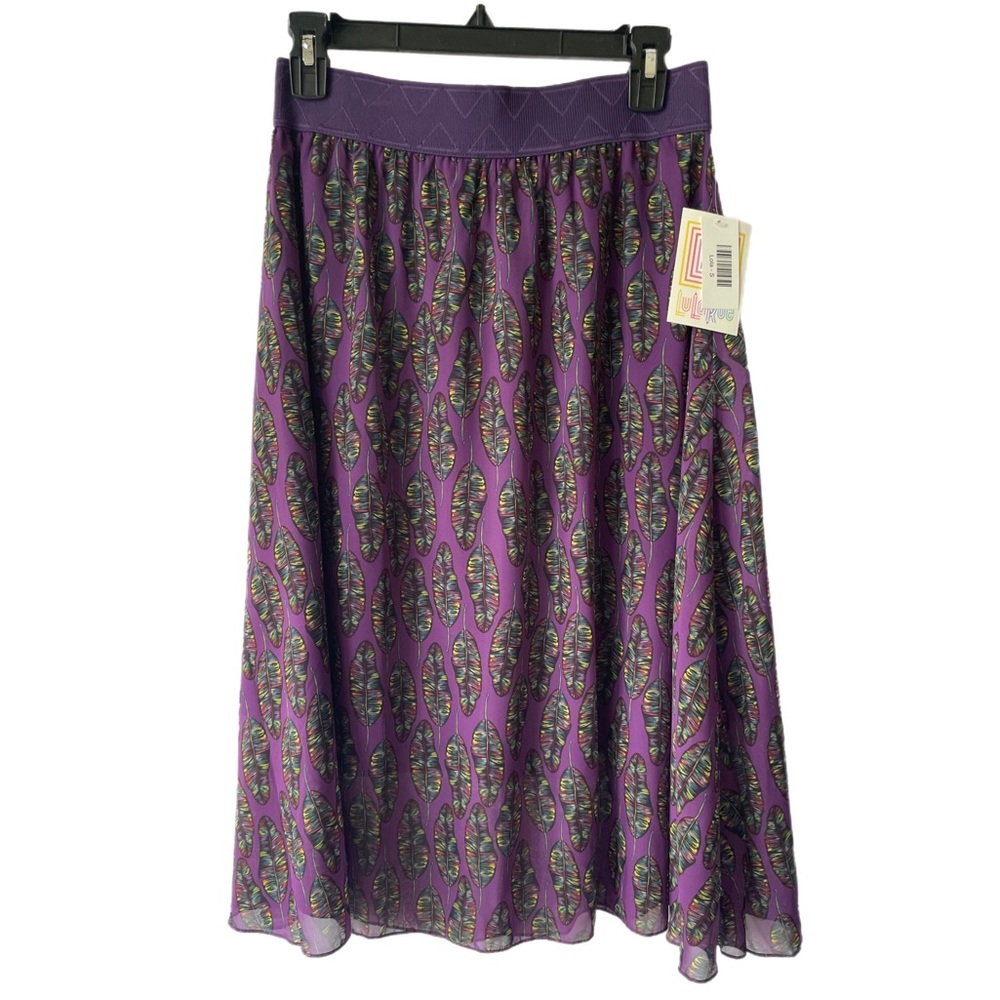NWT LuLaRoe Lola Midi Skirt Purple Feather Print Women’s Size S